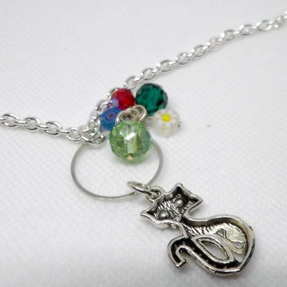 Handcrafted Silver Color Chain Cat Necklace AB Glass & Millefiori Glass Beads - Picture 10 of 11